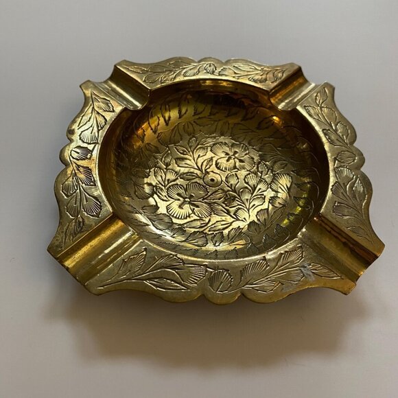 Ornate Brass Ashtray Etched Flowers Vintage Handmade Home Decor - Picture 1 of 4